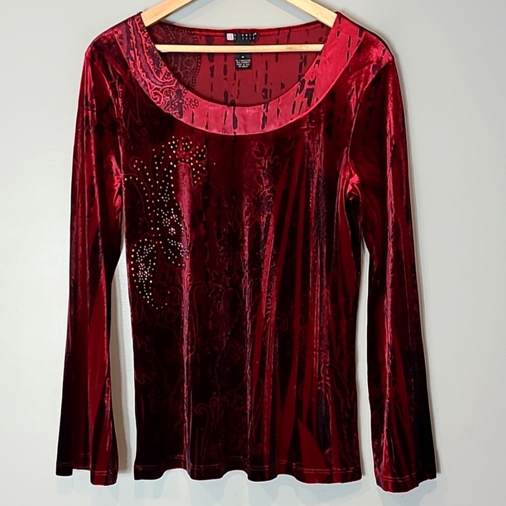 Velvet Tunic Top Flare Sleeve Y2K Carole Little Whimsigoth‎ Red Beaded Holiday